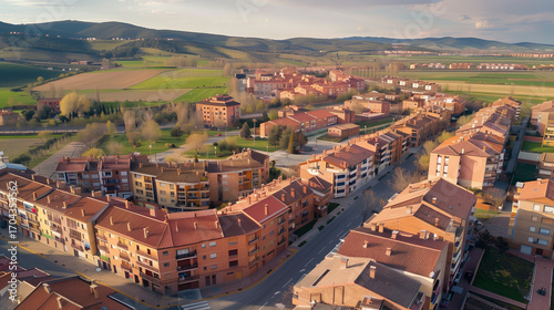 Stock aerial image of an urban city neighborhood with residential buildings, streets and rooftops, created as a resource for real estate, housing and architecture projects. Not a specific locations