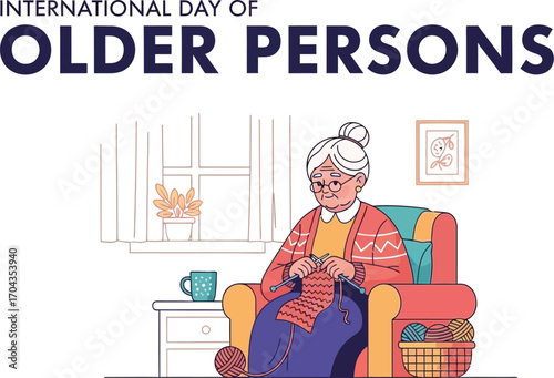 International day of older persons with old woman knitting scarf