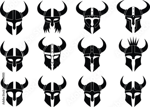 Viking helmet silhouette collection, medieval warrior horned helmet vector set, Norse battle armor icons, ancient warrior equipment, black graphic illustration