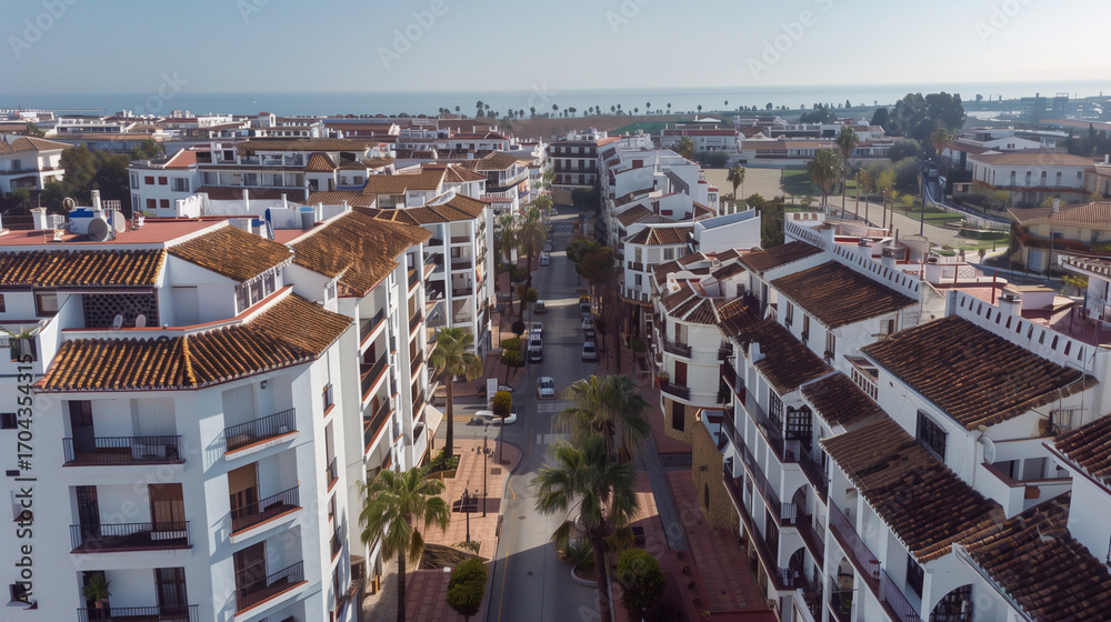 Fototapeta premium Stock aerial image of an urban city neighborhood with residential buildings, streets and rooftops, created as a resource for real estate, housing and architecture projects. Not a specific locations
