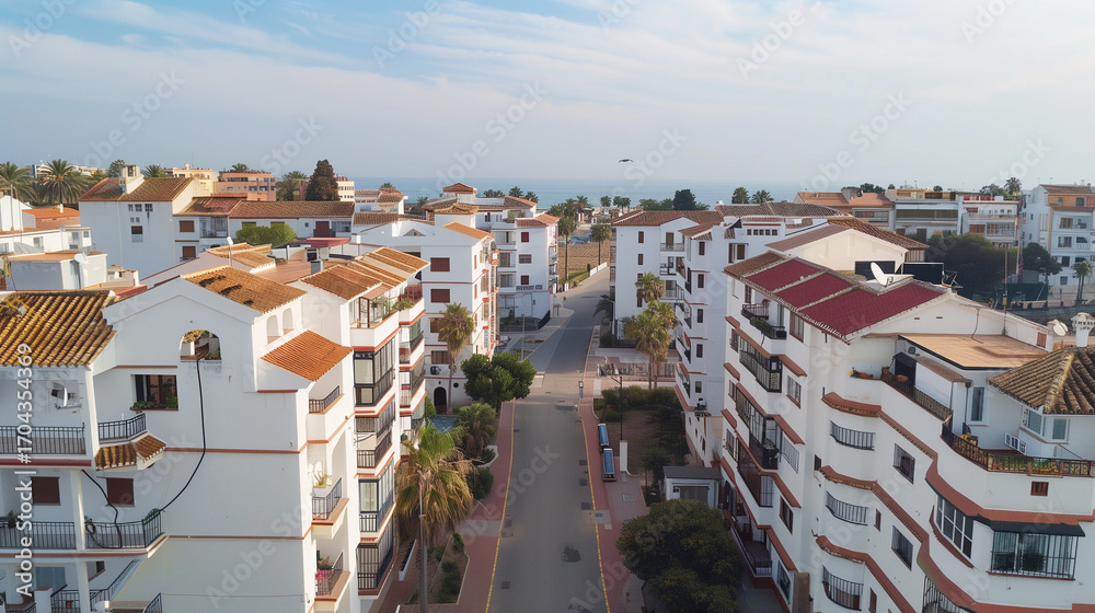 Fototapeta premium Stock aerial image of an urban city neighborhood with residential buildings, streets and rooftops, created as a resource for real estate, housing and architecture projects. Not a specific locations