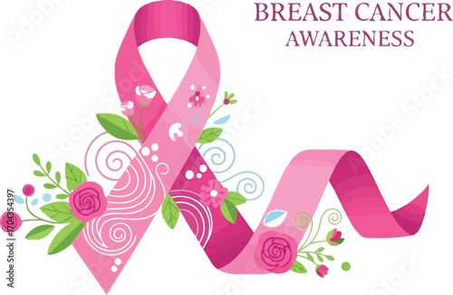 Breast cancer awareness ribbon with flowers vector illustration of health care and medicine concept