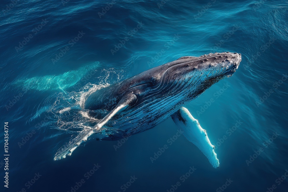 Naklejka premium Humpback whale with calf swimming near surface of deep blue pacific ocean, splashing and creating waves, aerial shot from drone in summer