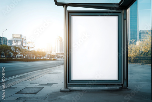 Blank Billboard for Advertisement at a Bus Stop on a Modern City Street: Outdoor Advertising Mockup