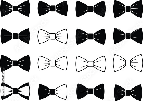 Bow tie icon collection, formal fashion accessories, black and white vector illustration set, elegant menswear symbols, isolated decorative bowties design