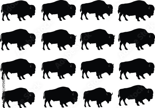 Bison silhouette collection, wild buffalo vector set, American wildlife animal icons, black silhouettes illustration, prairie nature symbols, isolated on white background