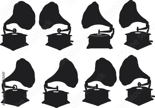 Vintage gramophone silhouette vector illustration, retro phonograph icons collection, antique record player design, old music device artwork, classic audio