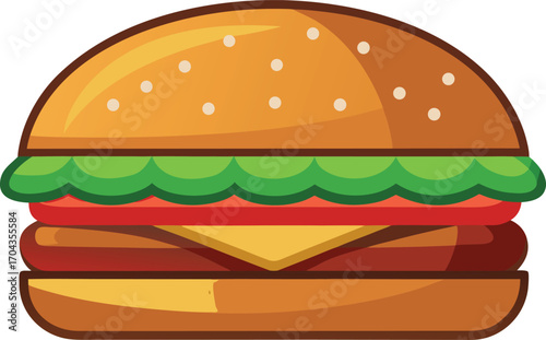 Vector art of a delicious, juicy cheeseburger with lettuce, tomato, and cheese, isolated on a, perfect for foodrelated designs