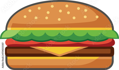 Vector art of a mouthwatering cheeseburger featuring a beef patty, melted cheese, fresh lettuce, and tomato on a sesame seed bun, isolated on white