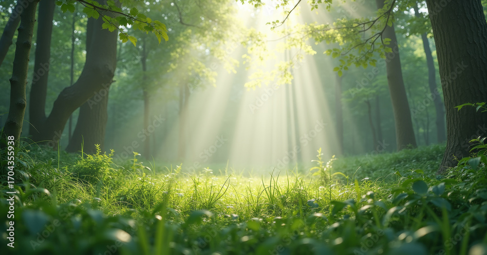 Fototapeta premium Small forest clearing where faint light rays filter through canopy with soft patch of grass and diffused beams piercing leaves.