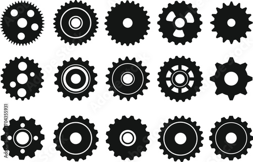 Set of black mechanical gears icons, industrial cogwheel symbols, machinery parts, engineering design elements, technical gear wheels illustration