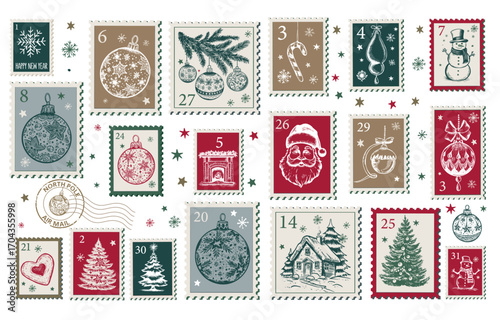 Christmas Stamps, mail, Advent calendar, postcard hand drawn illustrations.	

