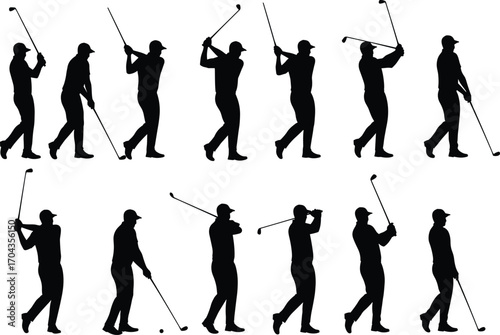 Golf player silhouette set, man playing golf, swinging golf club, walking golfer, sport action poses, golf game, outdoor activity