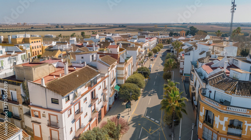 Stock aerial image of an urban city neighborhood with residential buildings, streets and rooftops, created as a resource for real estate, housing and architecture projects. Not a specific locations