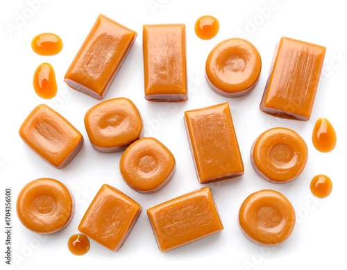 Caramel candies, various shapes, on white background