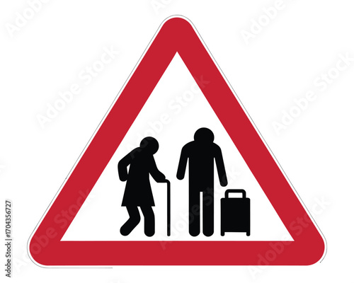Elderly Crossing Warning Sign Illustration Vector Art of Seniors with Luggage, Caution Sign