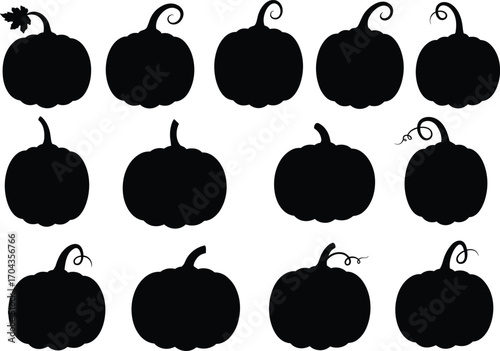 Pumpkin silhouette collection, Halloween icons, autumn harvest symbols, vegetable clipart, fall decorations, seasonal squash images, festive pumpkin designs
