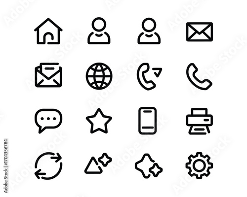 A collection of simple, clean, and modern line art icons representing common digital and communication symbols, perfect for web and app design