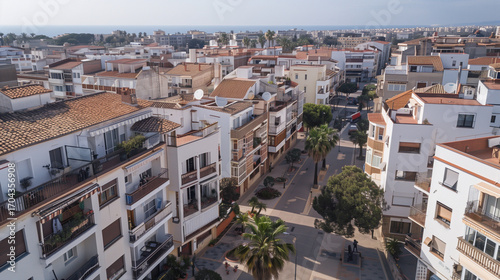 Stock aerial image of an urban city neighborhood with residential buildings, streets and rooftops, created as a resource for real estate, housing and architecture projects. Not a specific locations