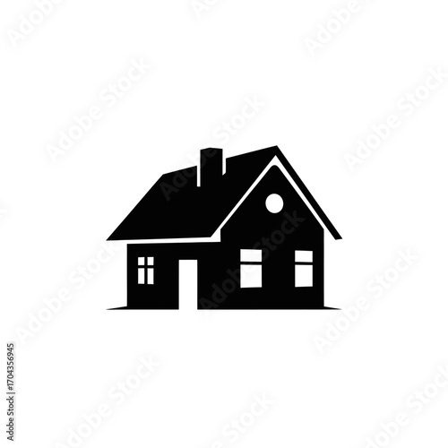 Hand drawn outline of a cozy house with chimney and smoke in a square frame silhouette