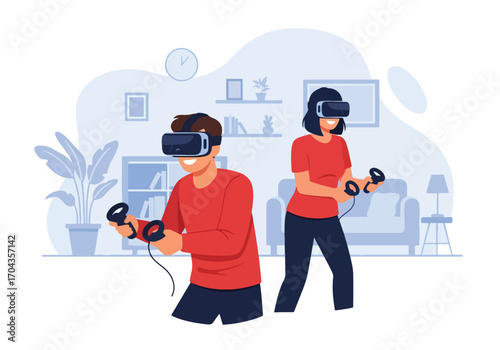 Flat vector illustration of two friends playing with virtual reality headsets at home, enjoying immersive gaming and interactive entertainment in a cozy living room environment