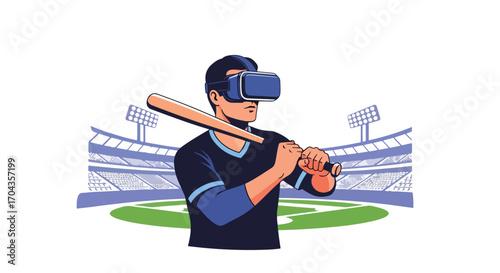 Flat vector illustration of a player using a virtual reality headset to play baseball in a stadium, combining sports, fitness, and immersive gaming for a modern athletic experience
