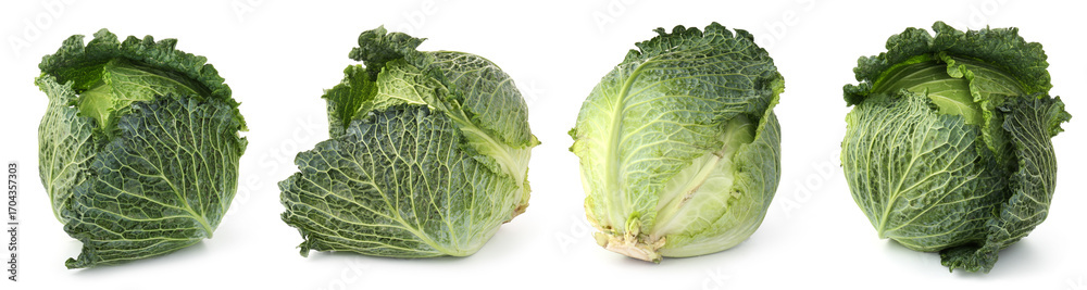 Fototapeta premium Fresh Savoy cabbage isolated on white, set
