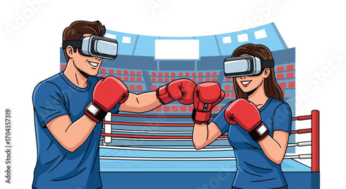 Flat vector illustration of two players boxing with virtual reality headsets in a digital arena, combining sports, fitness, and immersive gaming for a modern competitive experience