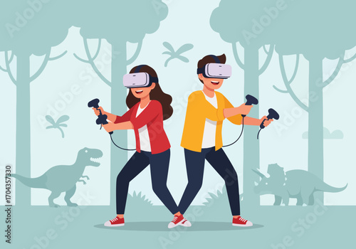 Flat vector illustration of two players exploring a dinosaur world with virtual reality headsets, enjoying an immersive adventure with prehistoric creatures in a digital jungle environment