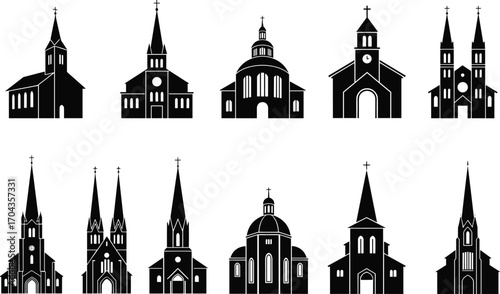 Church silhouette collection, religious architecture icons, Christian buildings, chapel and cathedral outlines, holy places, spiritual landmarks, faith symbols, vector illustration set