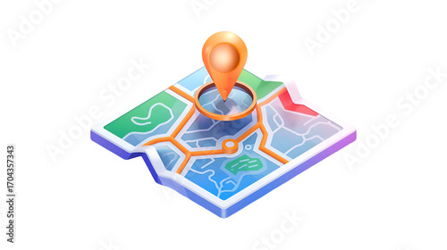 Stylized 3d map icon with a prominent orange location pin marking a destination point