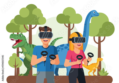 Flat vector illustration of two players exploring a dinosaur world with virtual reality headsets, enjoying an immersive adventure with prehistoric creatures in a digital jungle environment