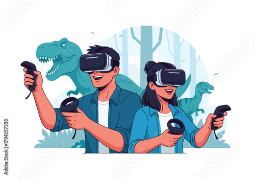 Flat vector illustration of two players exploring a dinosaur world with virtual reality headsets, enjoying an immersive adventure with prehistoric creatures in a digital jungle environment