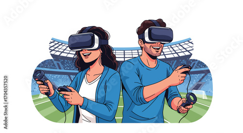 Flat vector illustration of two players using virtual reality headsets to play soccer in a stadium, blending sports, gaming, and immersive digital technology for fun and competition