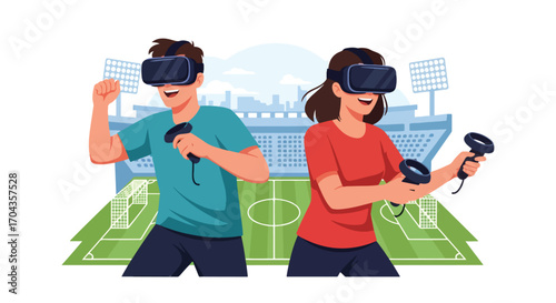 Flat vector illustration of two players using virtual reality headsets to play soccer in a stadium, blending sports, gaming, and immersive digital technology for fun and competition