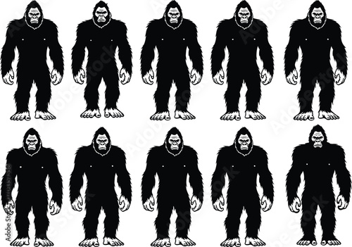 Bigfoot Sasquatch creature silhouettes, mysterious forest monster, cryptid legend, hairy humanoid figures, folklore characters, wild animal, mythical beast, vector illustration
