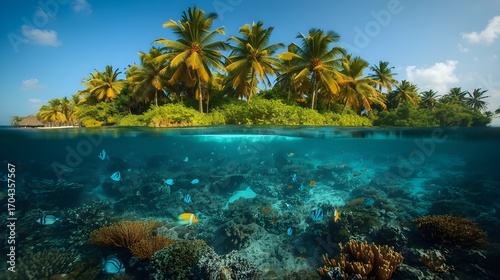 A split-level view of a serene tropical beach, with the lower half submerged underwater featuring an array of vibrant fish in shades of blue