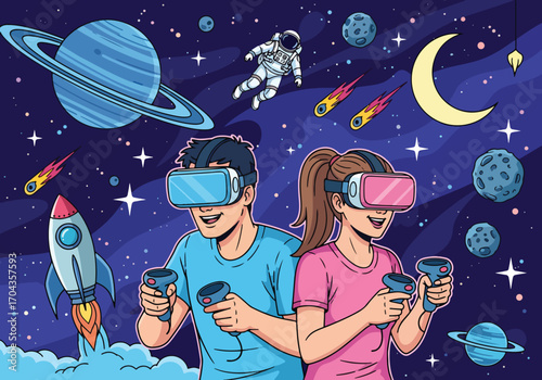Flat vector illustration of two people exploring outer space with virtual reality headsets, featuring planets, rockets, asteroids, and stars for an immersive digital adventure