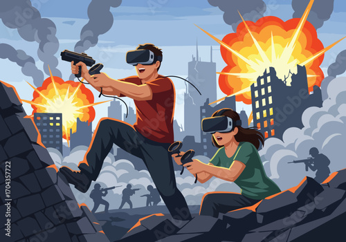 Flat vector illustration of two gamers wearing virtual reality headsets playing an action shooting game, surrounded by explosions and a futuristic battlefield environment