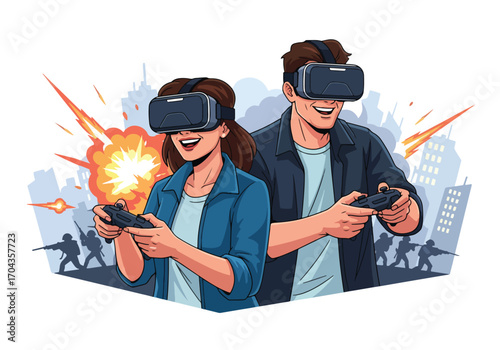Flat vector illustration of two gamers wearing virtual reality headsets playing an action shooting game, surrounded by explosions and a futuristic battlefield environment