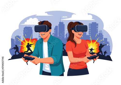 Flat vector illustration of two gamers wearing virtual reality headsets playing an action shooting game, surrounded by explosions and a futuristic battlefield environment