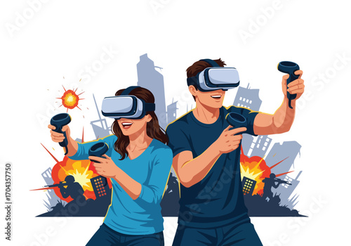 Flat vector illustration of two gamers wearing virtual reality headsets playing an action shooting game, surrounded by explosions and a futuristic battlefield environment