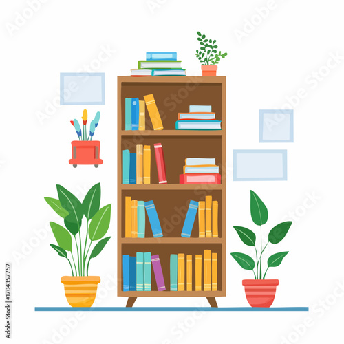 Hohes Bücherregal aus Holz, gefüllt mit bunten Büchern