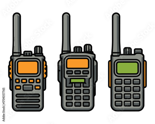 A detailed vector illustration set featuring three different models of handheld portable two-way radio walkie talkies isolated on a white background