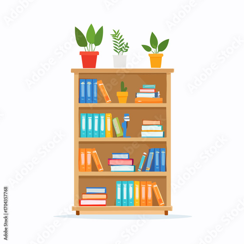 Hohes Bücherregal aus Holz, gefüllt mit bunten Büchern