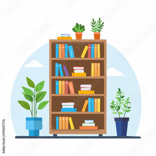 Hohes Bücherregal aus Holz, gefüllt mit bunten Büchern