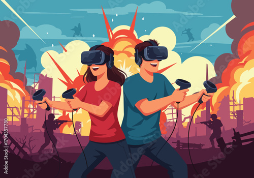 Flat vector illustration of two gamers wearing virtual reality headsets playing an action shooting game, surrounded by explosions and a futuristic battlefield environment