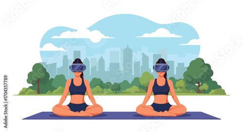 Flat vector illustration of two women doing yoga with virtual reality headsets in a city park, combining fitness, wellness, and modern technology in an outdoor urban setting