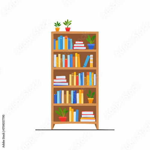 Hohes Bücherregal aus Holz, gefüllt mit bunten Büchern