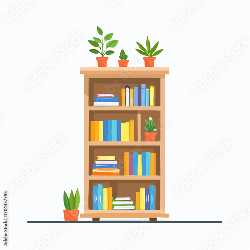 Hohes Bücherregal aus Holz, gefüllt mit bunten Büchern